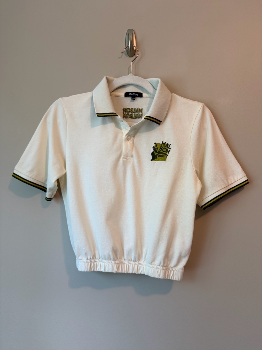 Malbon Sportiva Cropped Polo Cream Embroidered Golfer Logo Sz XXS VGUC